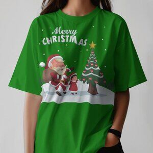 Merry Christmas T-Shirt - Santa and Tree Graphic Design - Cute Holiday Tee for F